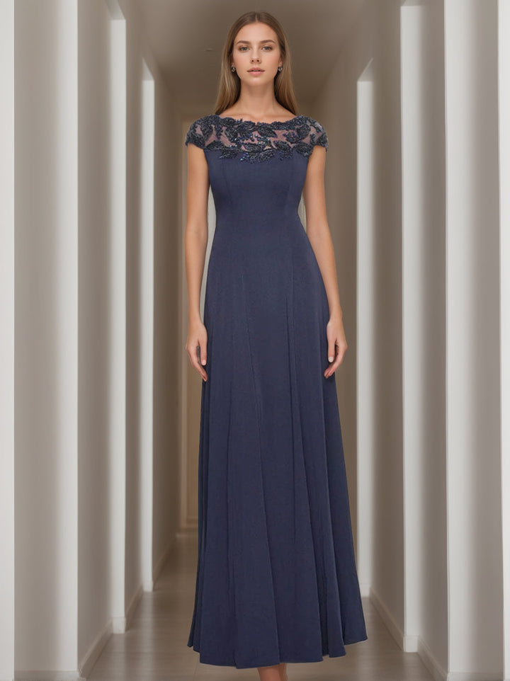 Robe de Mère de la Mariée Coupe A-Line/Princess à Manches Courtes et Col en V avec Appliques