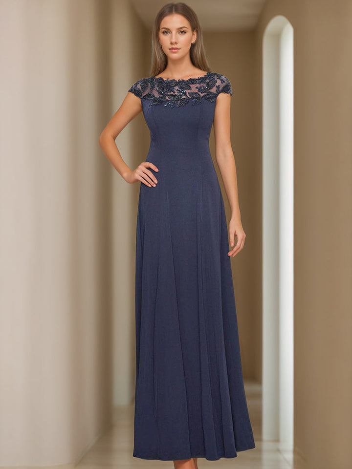 Robe de Mère de la Mariée Coupe A-Line/Princess à Manches Courtes et Col en V avec Appliques
