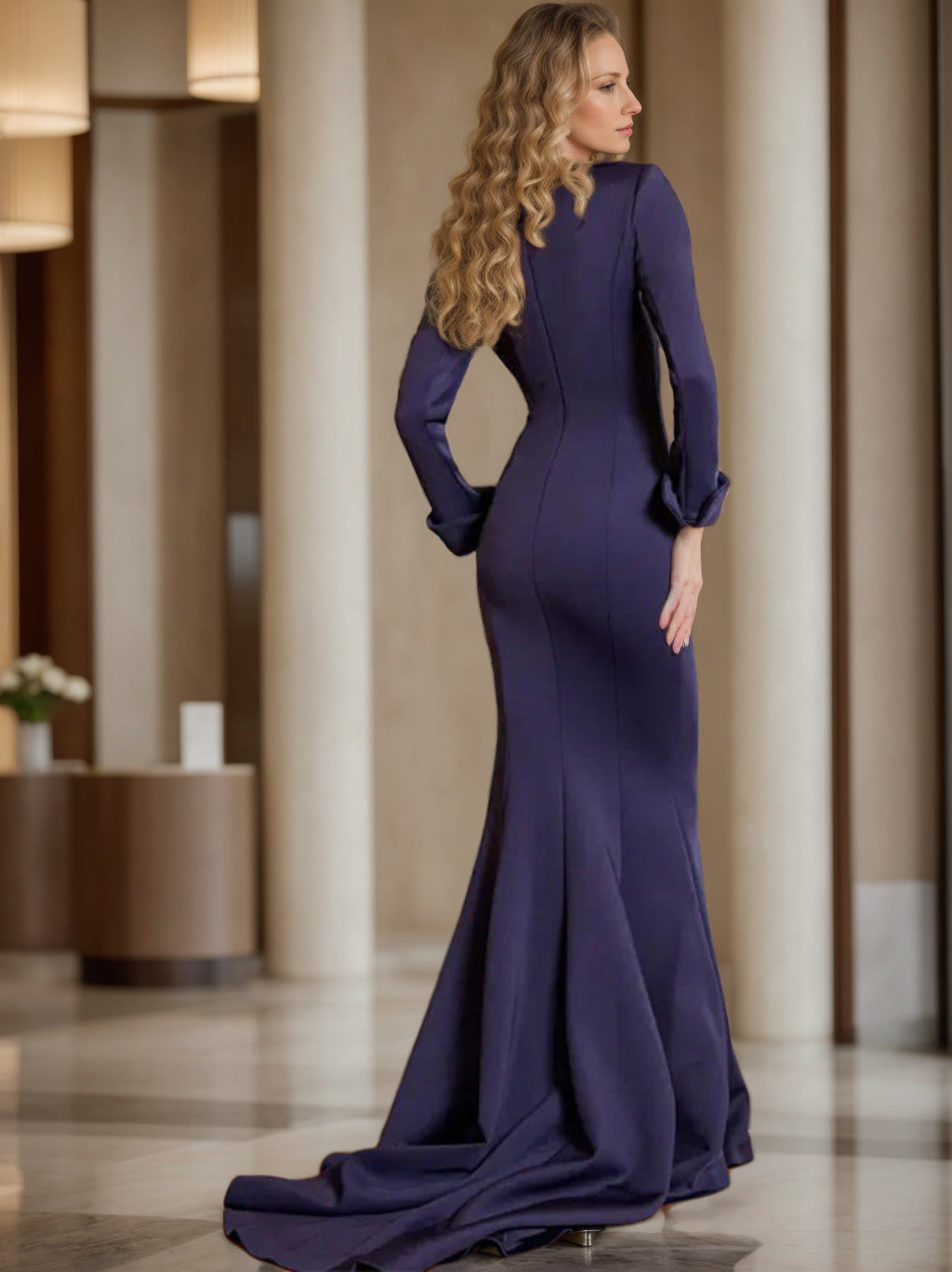 Robe de Mère de la Mariée Fourreau/Colonne à Col en V et Manches Longues, Longueur Au Sol, avec Plis