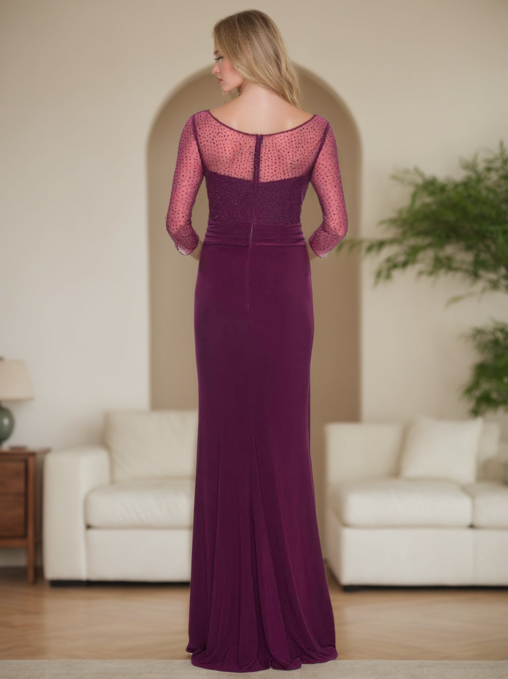 Robe de Mère de la Mariée Fourreau/Colonne à Col en V, Manches 3/4, Longueur Au Sol, avec Strass, Fronces et Volants