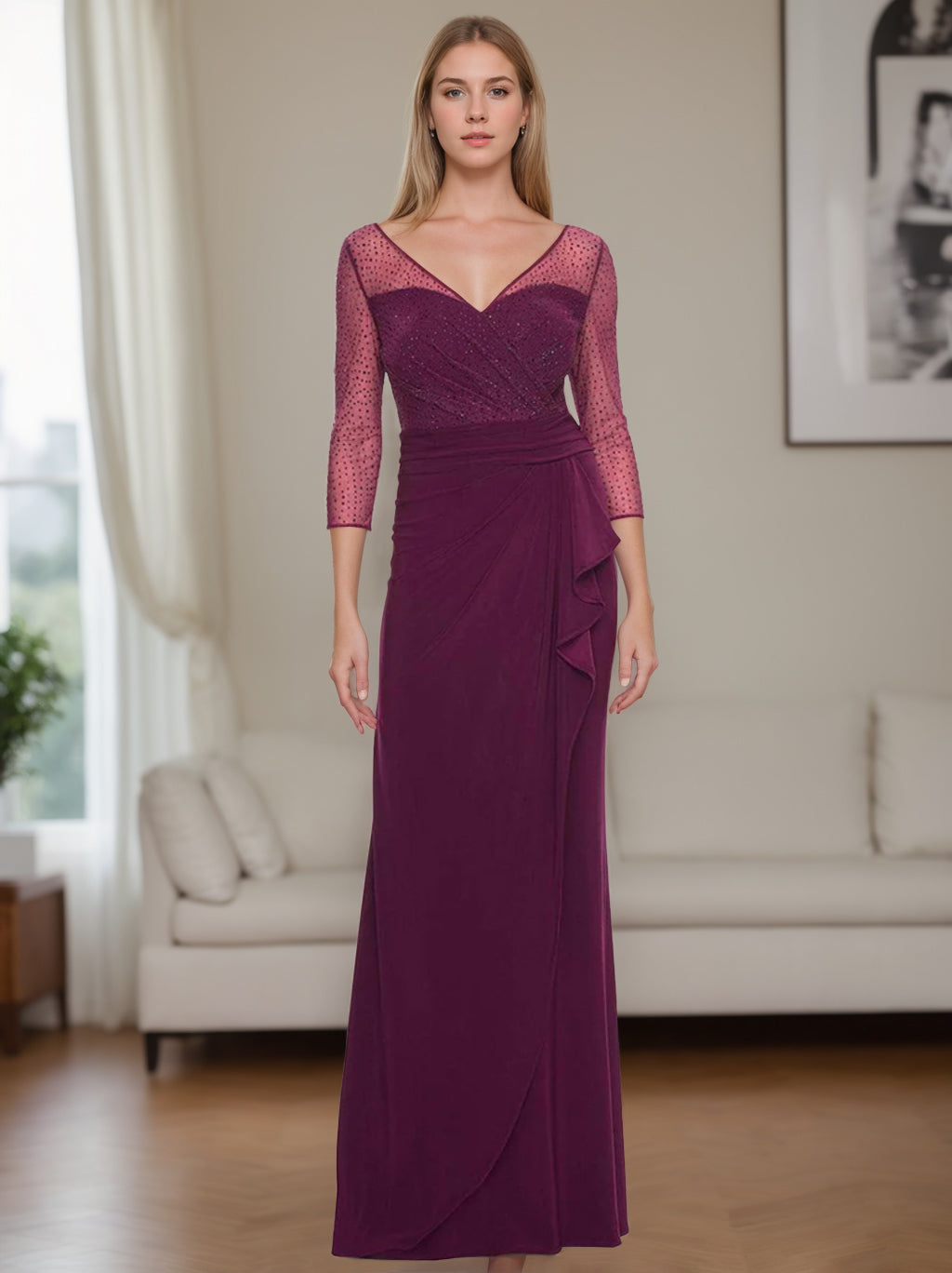 Robe de Mère de la Mariée Fourreau/Colonne à Col en V, Manches 3/4, Longueur Au Sol, avec Strass, Fronces et Volants
