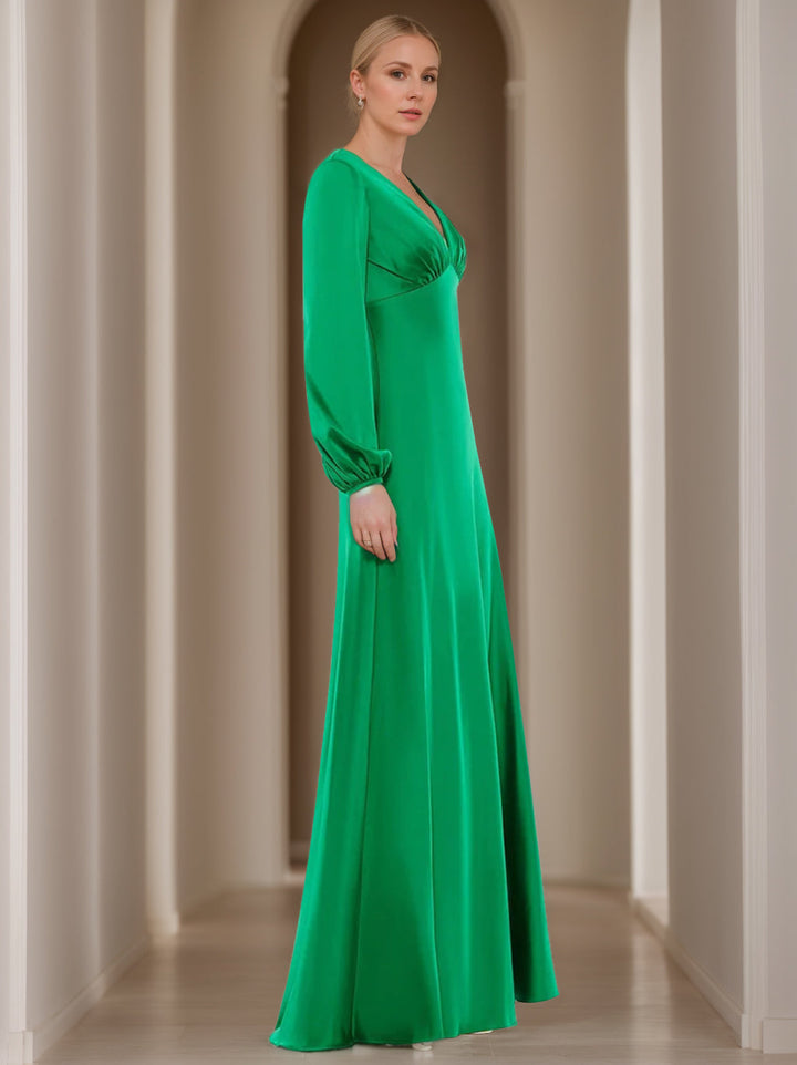 Robe de Mère de la Mariée Coupe A-Line/Princess à Col en V et Manches Longues, Longueur Au Sol, avec Volants