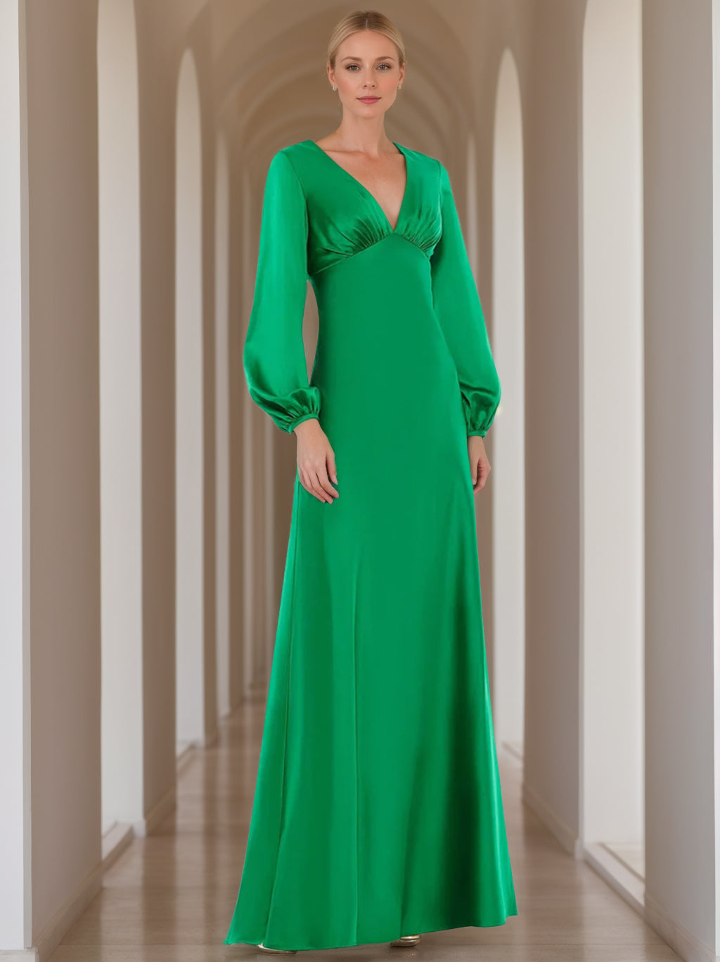 Robe de Mère de la Mariée Coupe A-Line/Princess à Col en V et Manches Longues, Longueur Au Sol, avec Volants