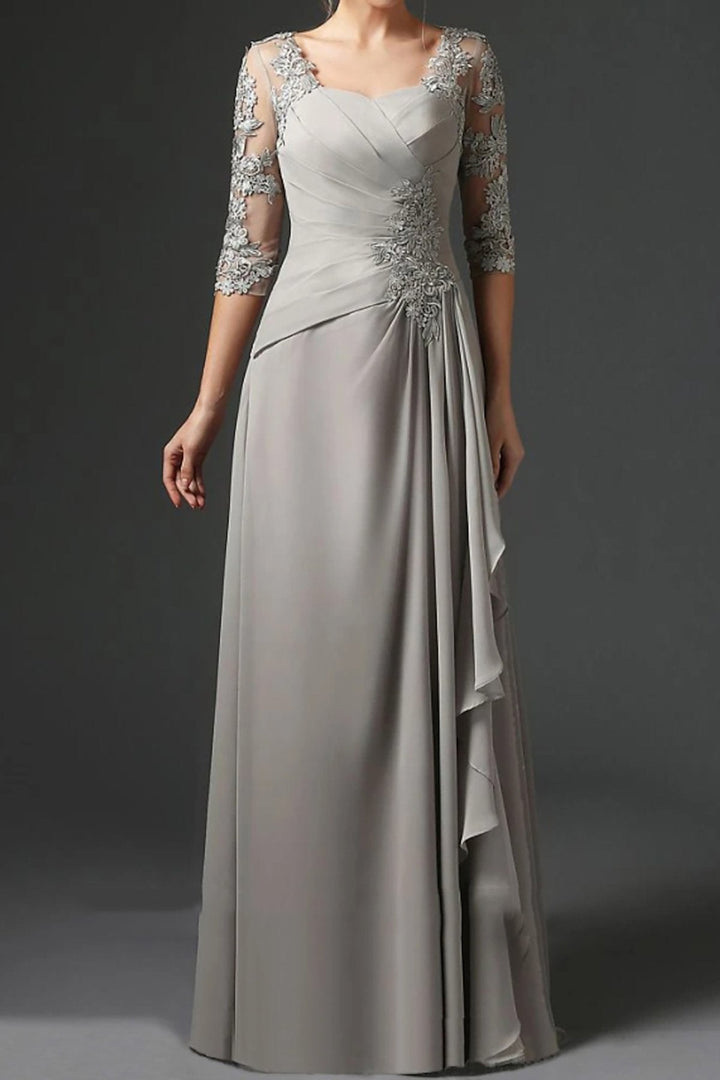 Robe de Mère de la Mariée Coupe A-Line/Princess à Col Carré et Manches Mi-Longues avec Fronces