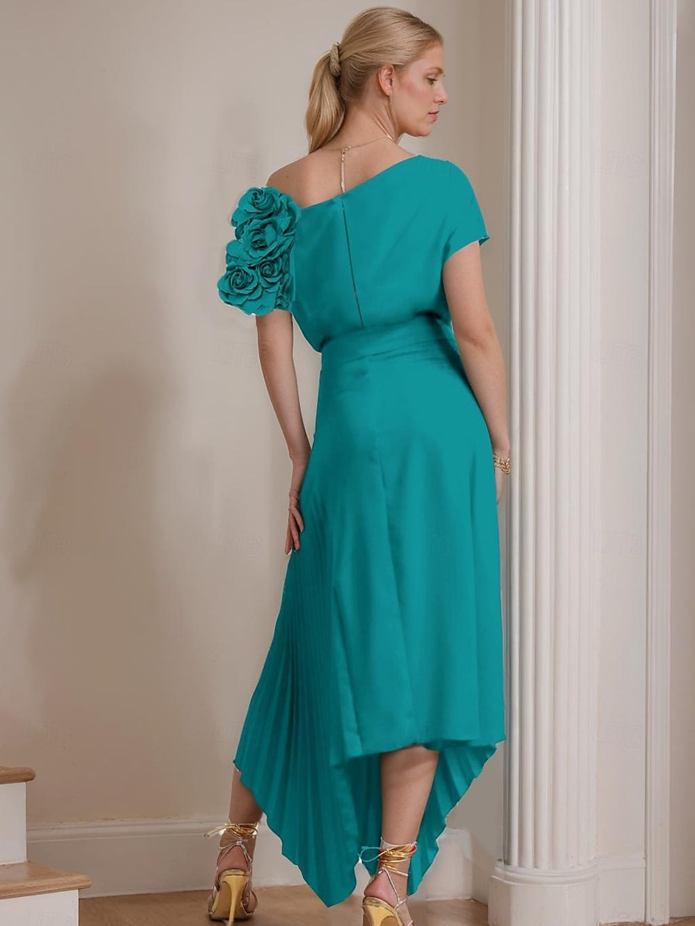 Robe de Mère de la Mariée A-Line/Princess à Une Épaule et Manches Courtes, Longueur Cheville, avec Volants