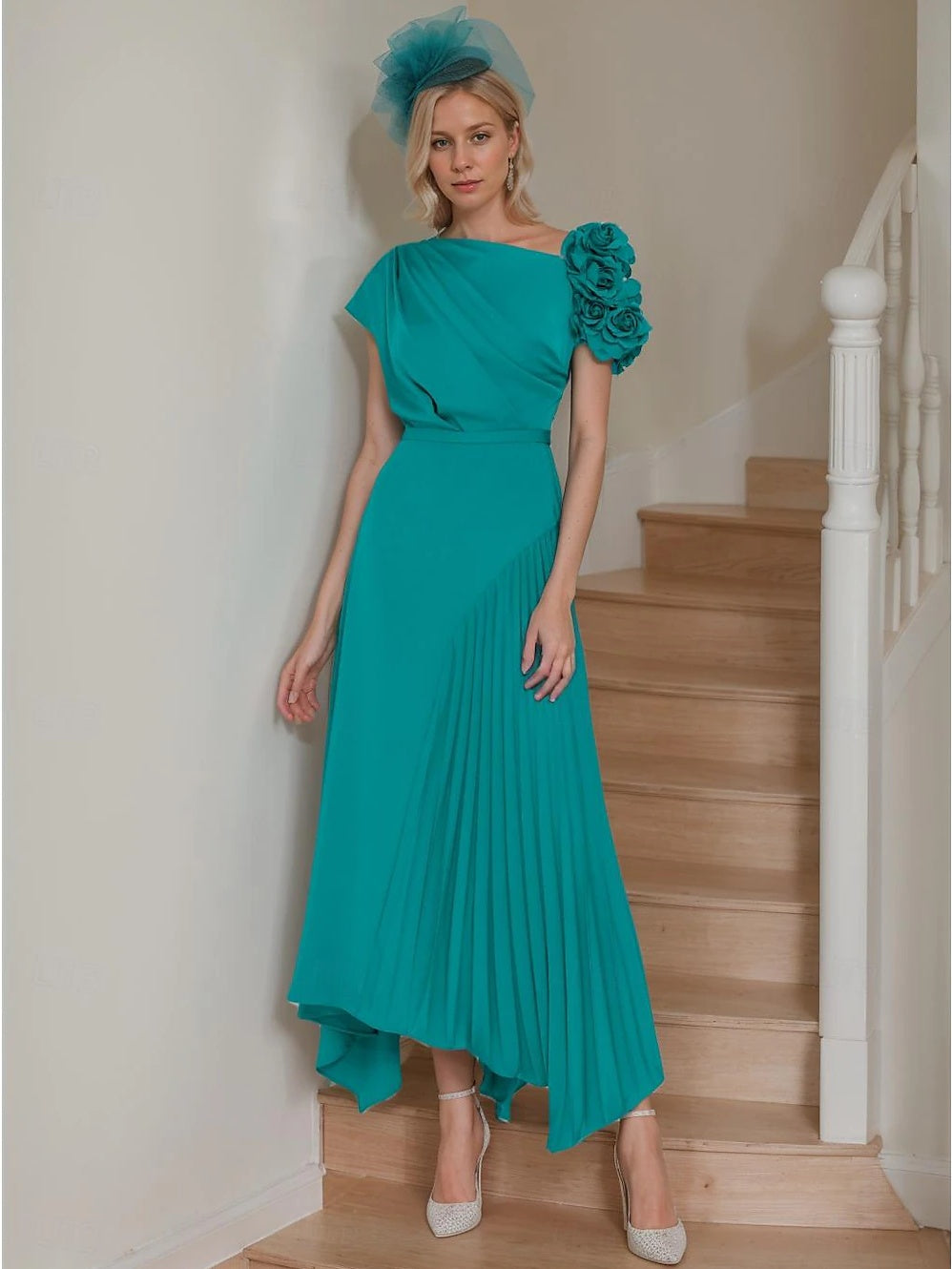 Robe de Mère de la Mariée A-Line/Princess à Une Épaule et Manches Courtes, Longueur Cheville, avec Volants