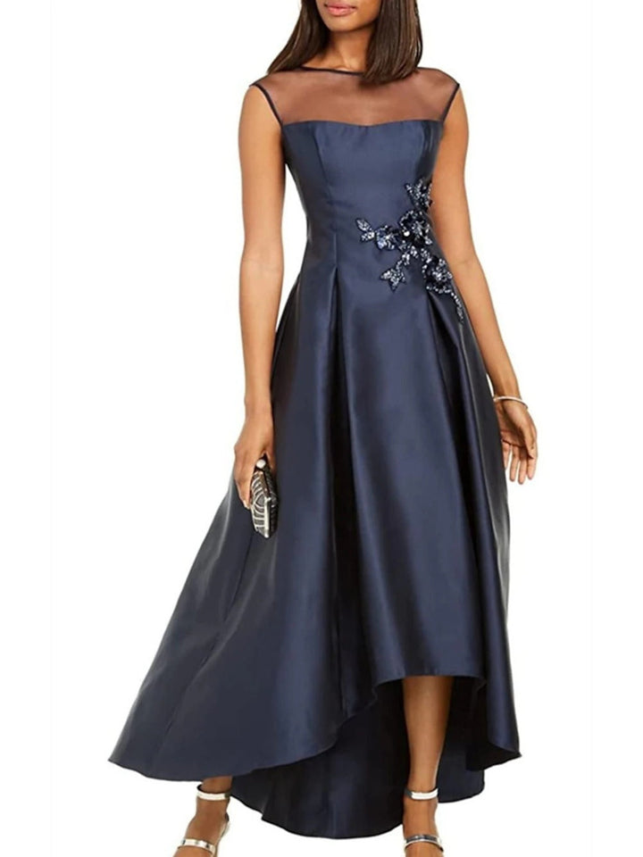 Robe de Mère de la Mariée Asymétrique Sans Manches à Col en V et à Volants avec Plis et Appliques