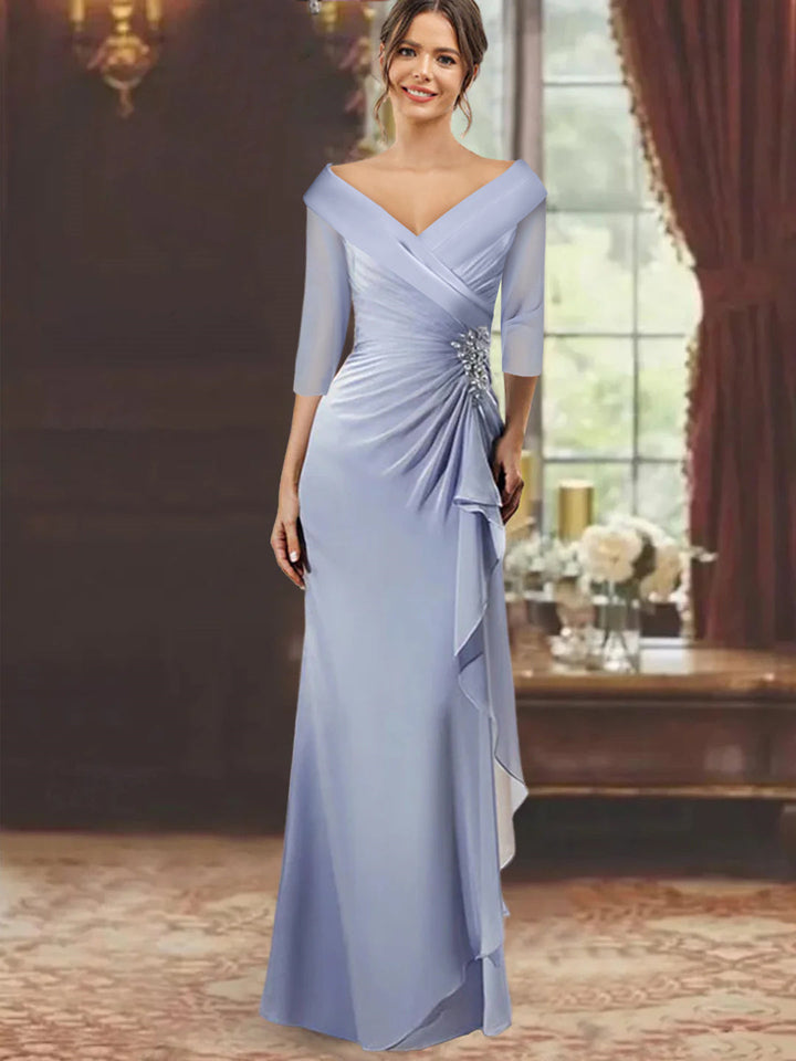 Robe de Mère de la Mariée Fourreau/Colonne à Col en V et Manches Mi-Longues avec Volants et Appliqués