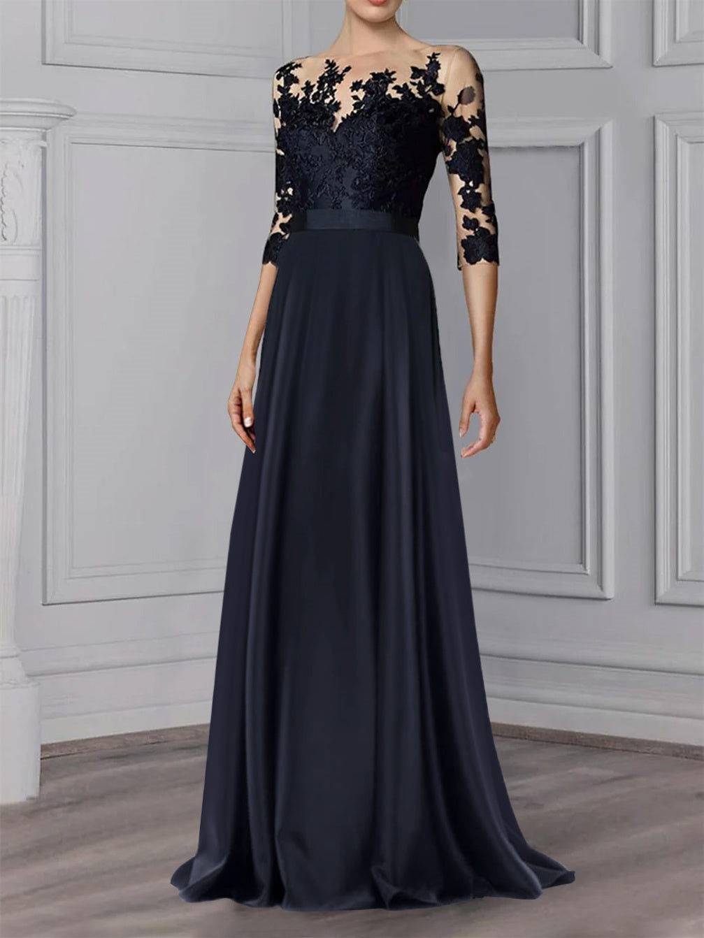 Robe de Mère de la Mariée Coupe A-Line/Princess, Col Bijou, Manches 3/4, Longueur Au Sol