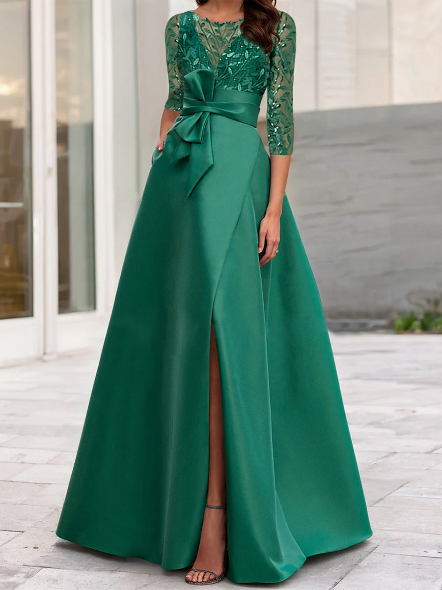 Robe de Mère de la Mariée Coupe A-Line/Princess à Encolure Illusion et Manches 3/4 avec Fente Sur le Côté