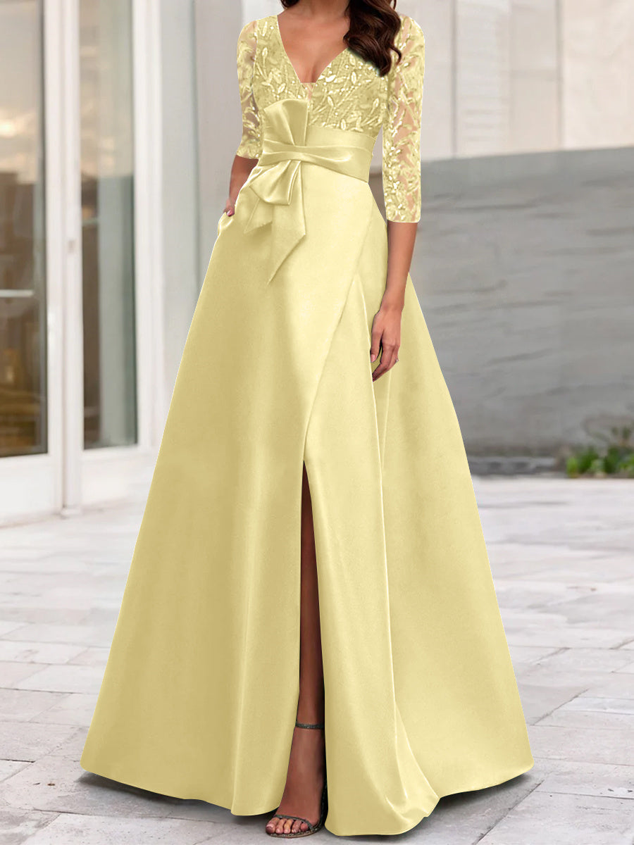 Robe de Mère de la Mariée Coupe A-Line/Princess, Col en V, Longueur Au Sol, avec Volants Latéraux Fendus, Paillettes, Nœud(S)