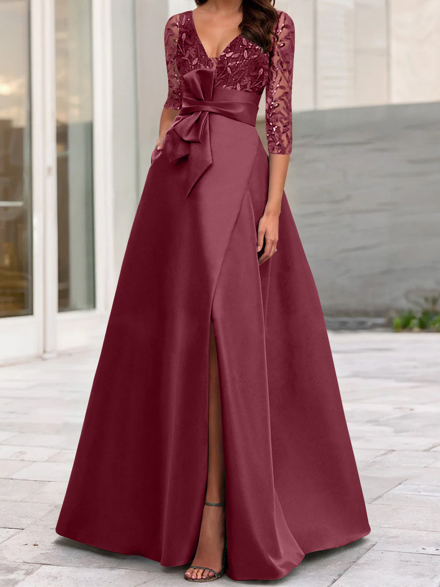 Robe de Mère de la Mariée Coupe A-Line/Princess, Col en V, Longueur Au Sol, avec Volants Latéraux Fendus, Paillettes, Nœud(S)