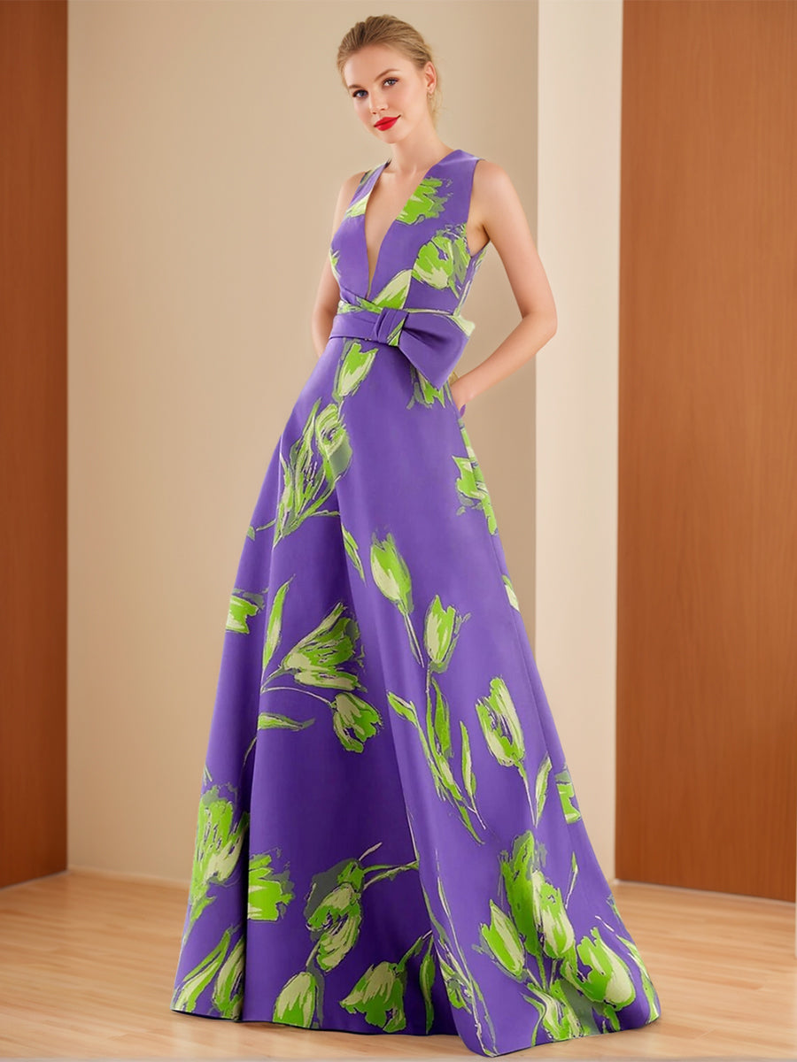Robes Mère De La Mariée Et Du Marié, Coupe A-Line/Princesse, Col En V, Sans Manches, À Imprimé Floral, Avec Ceinture À Nœud