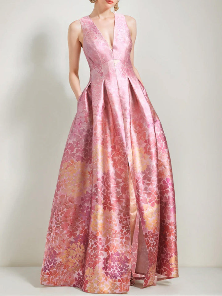Robes Mère De La Mariée Et Du Marié, Coupe A-Line/Princesse, Col En V, Sans Manches, À Imprimé Floral, Avec Fente Haute Et Poche