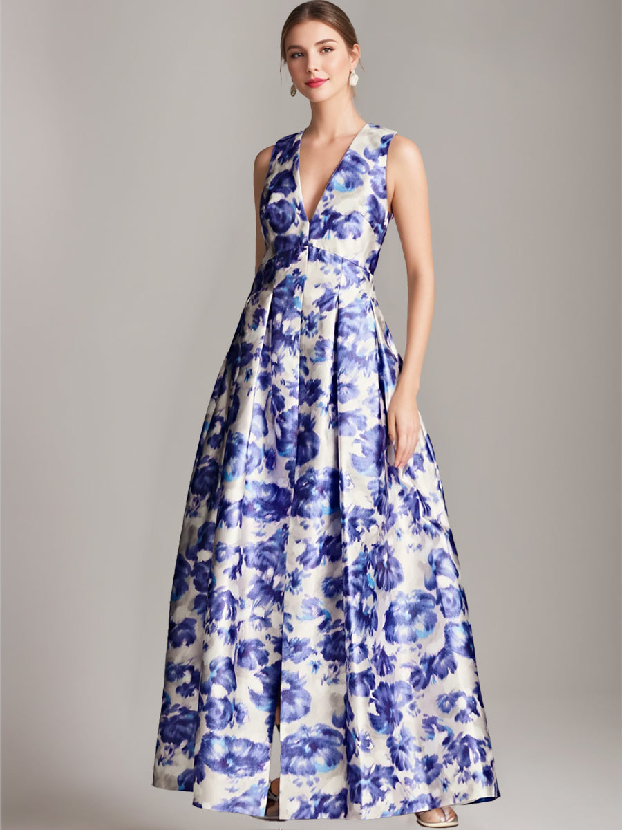 Ligne A/Princesse Col en V Floor Length Printed Floral Élégant Mère of the Mariée & Groom Robes avec High Split & Plis
