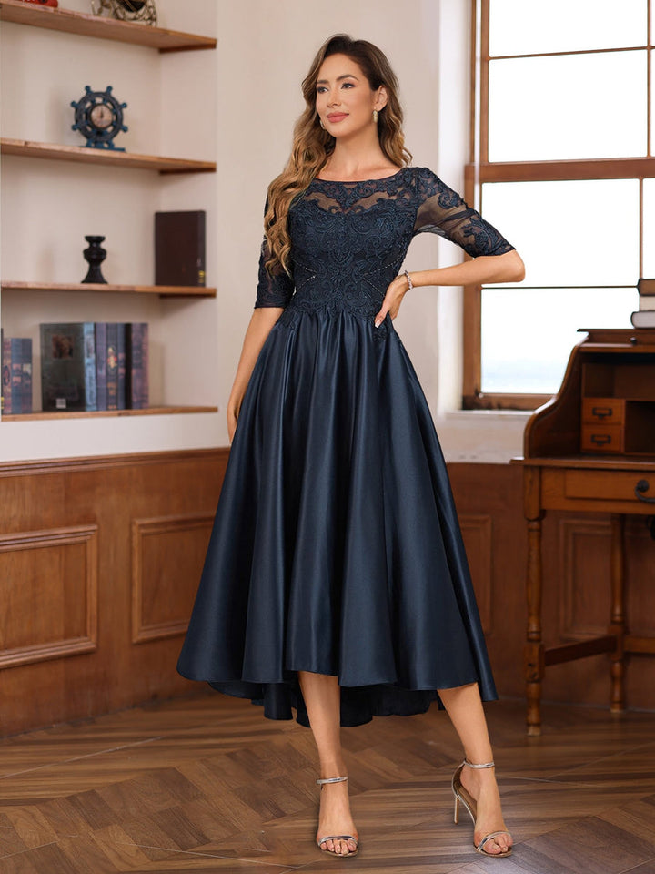 Ligne A/Princesse Scoop Neck Demi-manches Asymétrique Mère of the Mariée & Groom Robes avec Dentelle Appliques