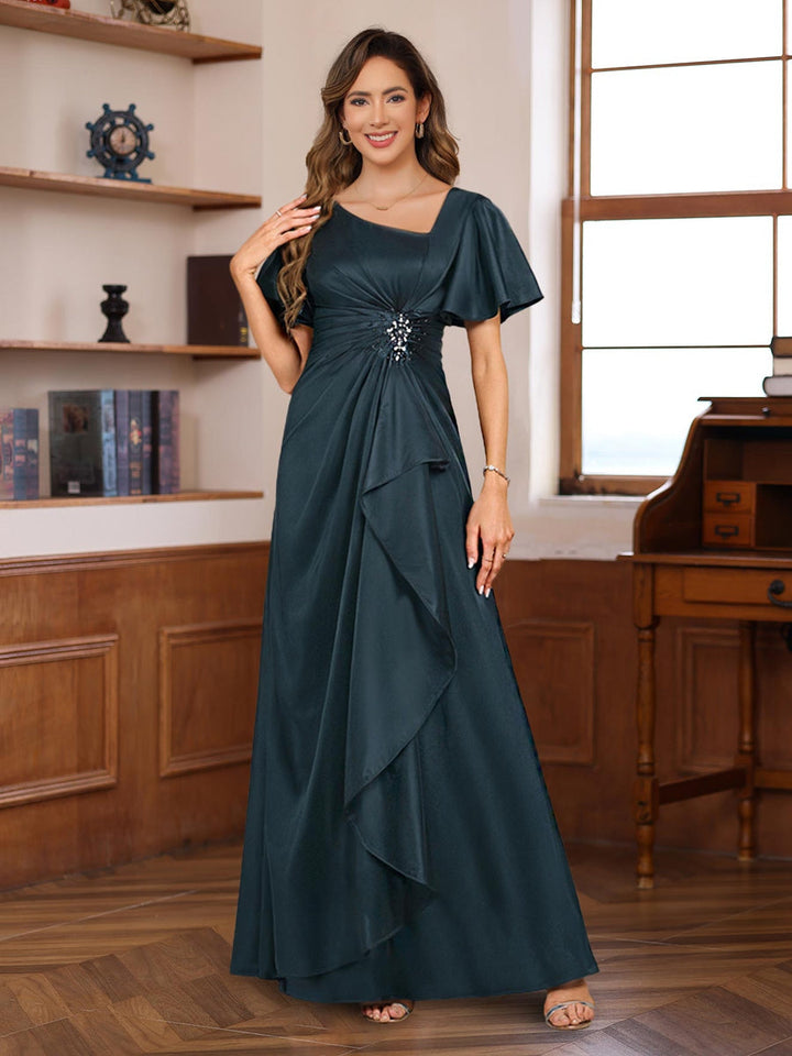 Ligne A Col en V Manches Courtes Floor Length Luxurious Robes Mère de La Mariée avec Beadings & Paillettes
