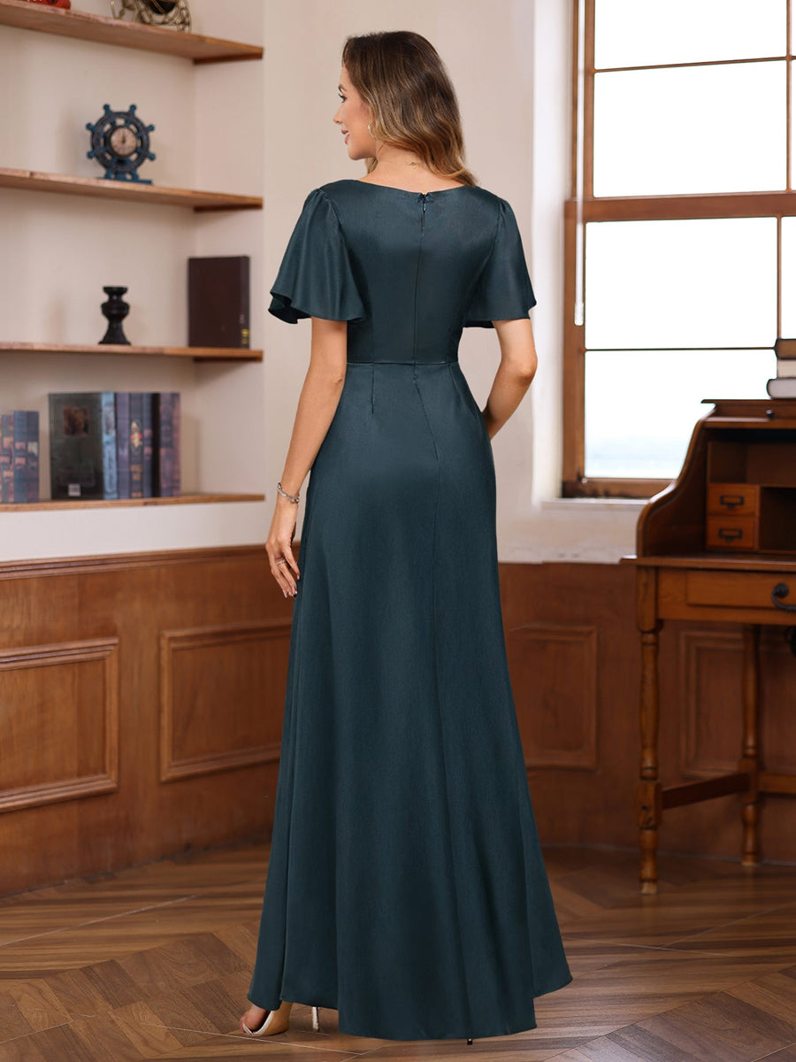 Ligne A Col en V Manches Courtes Floor Length Luxurious Robes Mère de La Mariée avec Beadings & Paillettes