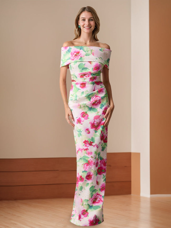 Robe De Mère De La Mariée Fourreau/Colonne, Épaules Dénudées, Longueur Au Sol, Imprimé Floral, Avec Fronces