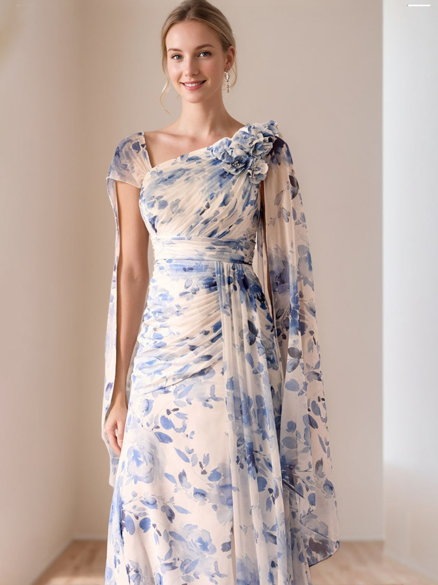Ligne A/Princesse Col en V Pleated Printed Floral Robes Mère de La Mariée avec Froufrous & 3D Fleur