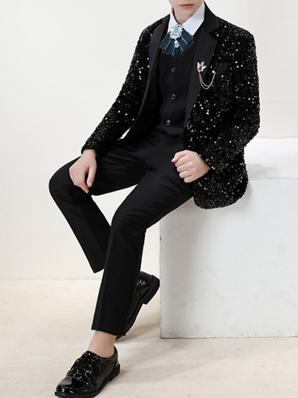 Ensemble de Vêtements pour Garçons Blazer Pantalon Manches Longues Ensembles de Costume de Mariage pour Garçons 3 Pièces avec Paillettes