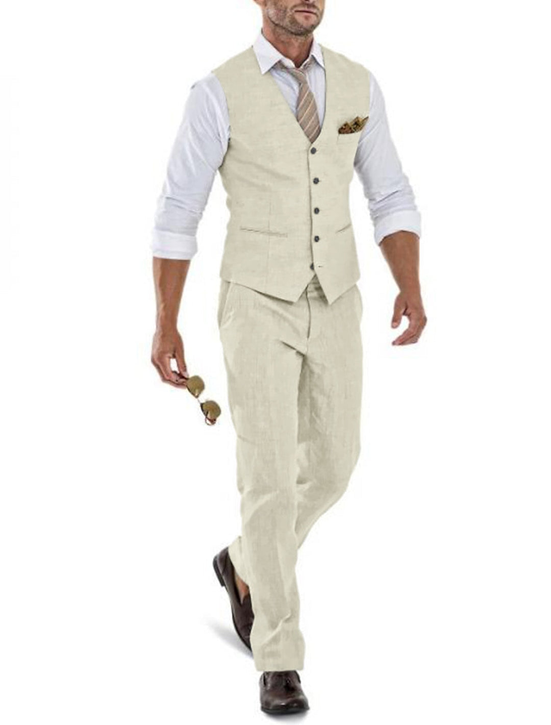 Costumes 2 Pièces en Lin de Couleur Unie à Coupe Ajustée pour Hommes