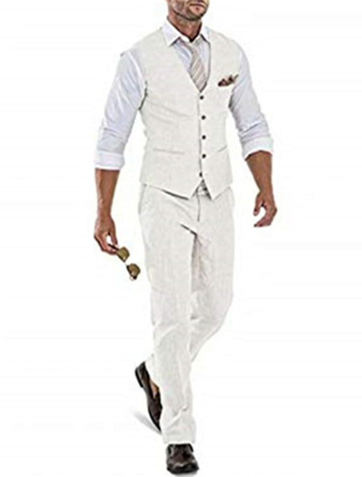 Costumes 2 Pièces en Lin de Couleur Unie à Coupe Ajustée pour Hommes