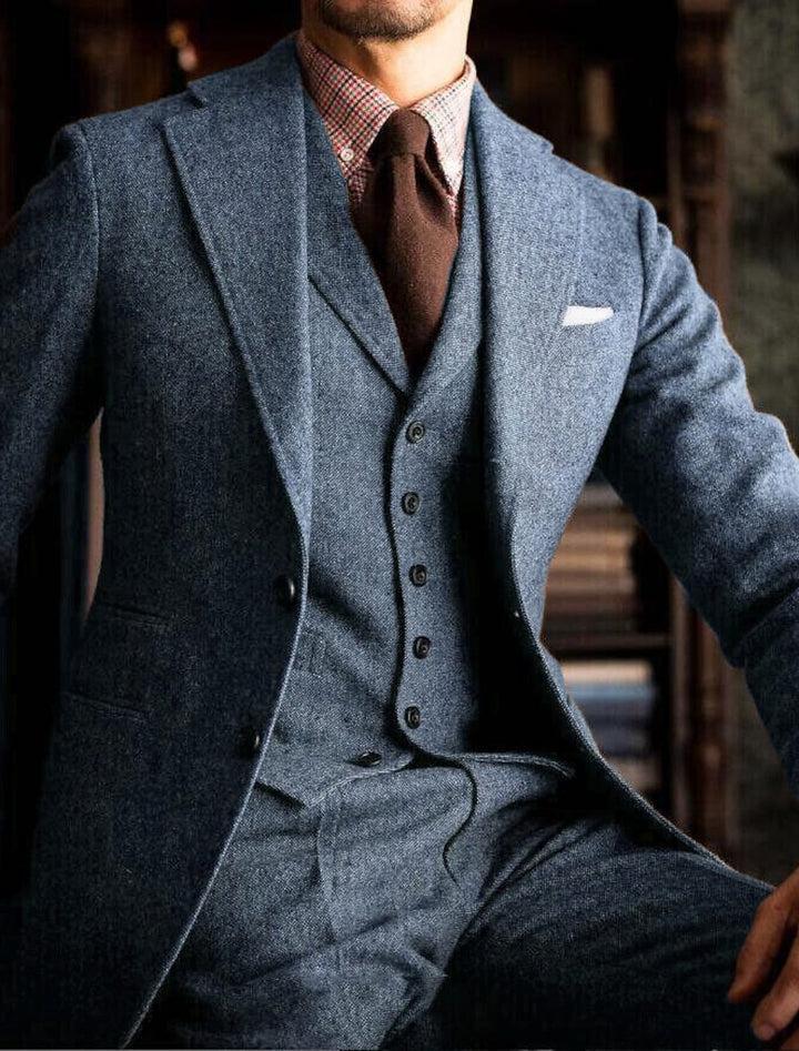 Costumes de Mariage 3 Pièces en Tweed de Couleur Unie à Simple Boutonnage et à Deux Boutons pour Hommes