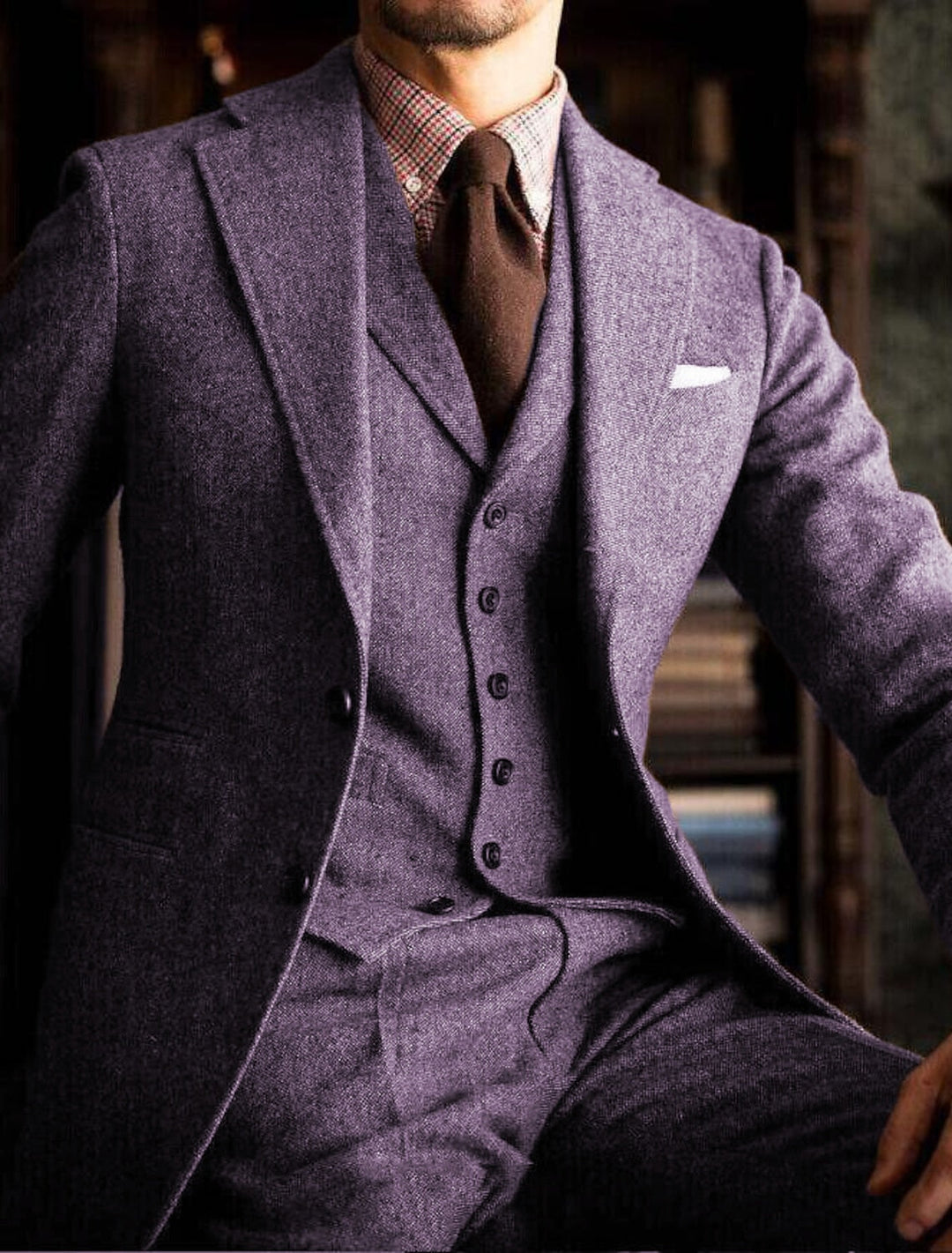 Costumes de Mariage 3 Pièces en Tweed de Couleur Unie à Simple Boutonnage et à Deux Boutons pour Hommes