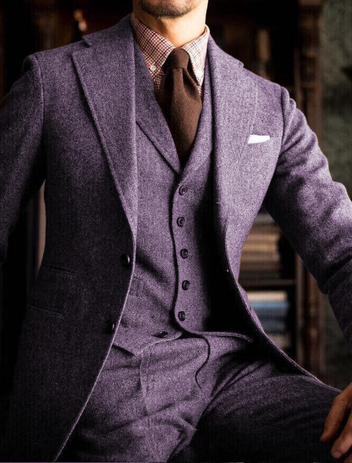 Costumes de Mariage 3 Pièces en Tweed de Couleur Unie à Simple Boutonnage et à Deux Boutons pour Hommes