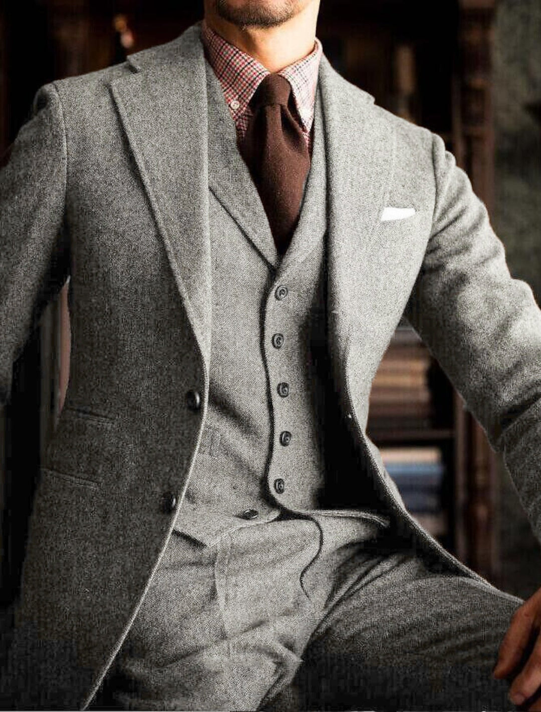 Costumes de Mariage 3 Pièces en Tweed de Couleur Unie à Simple Boutonnage et à Deux Boutons pour Hommes