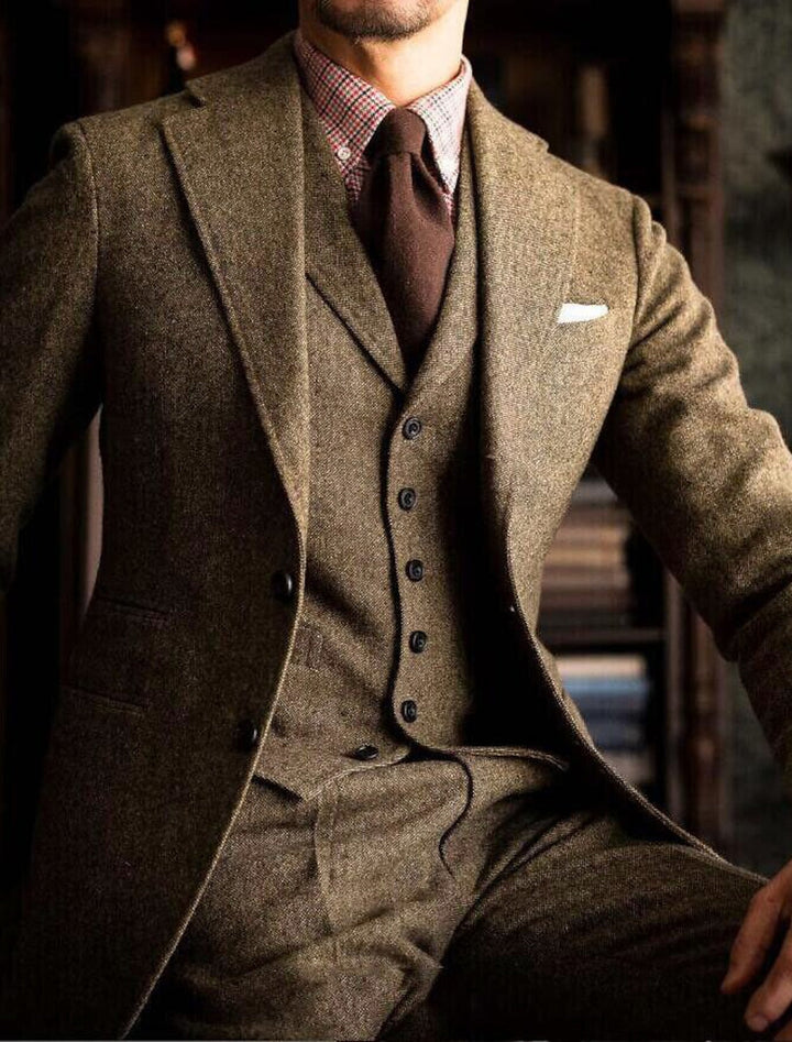 Costumes de Mariage 3 Pièces en Tweed de Couleur Unie à Simple Boutonnage et à Deux Boutons pour Hommes