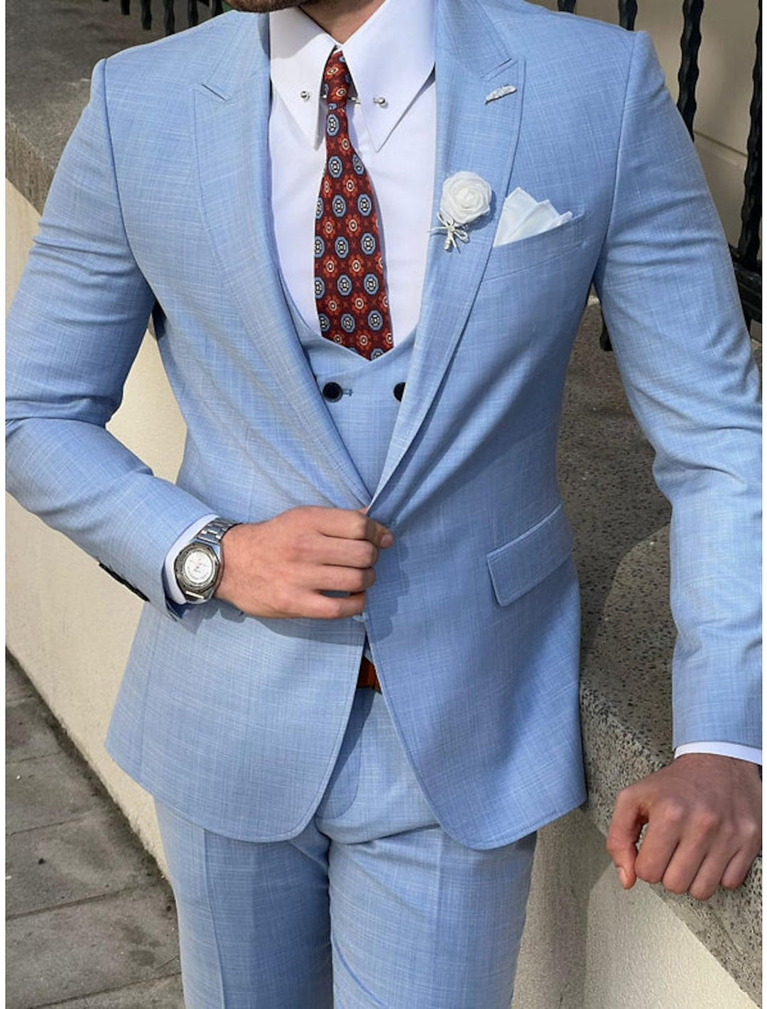 Costumes de Mariage 3 Pièces pour Hommes, Coupe Ajustée, Simple Boutonnage, Deux Boutons, Couleur Unie