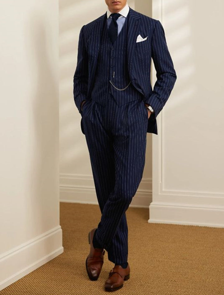 Costumes de Mariage Rayés 2 Pièces à Coupe Ajustée pour Hommes, à Simple Boutonnage et à Deux Boutons