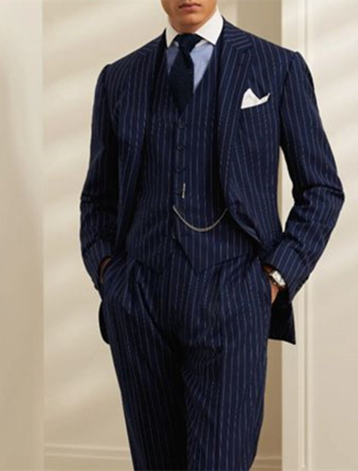 Costumes de Mariage Rayés 2 Pièces à Coupe Ajustée pour Hommes, à Simple Boutonnage et à Deux Boutons