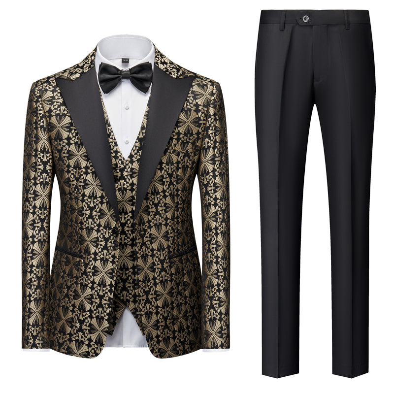 Costume 3 Pièces Imprimé pour Homme, Coupe Ajustée, Simple Boutonnage, Un Bouton, pour Bal de Promo, Vert, Or, Argent, Noir