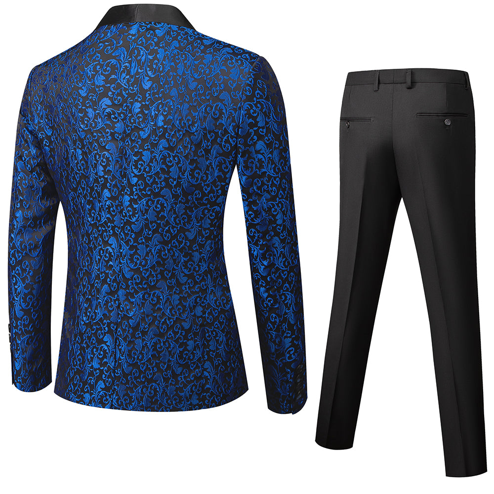 Costumes de Soirée de Bal 2 Pièces Imprimés Bleu Blanc Noir Bordeaux pour Hommes, Coupe Ajustée, Simple Boutonnage, Un Bouton