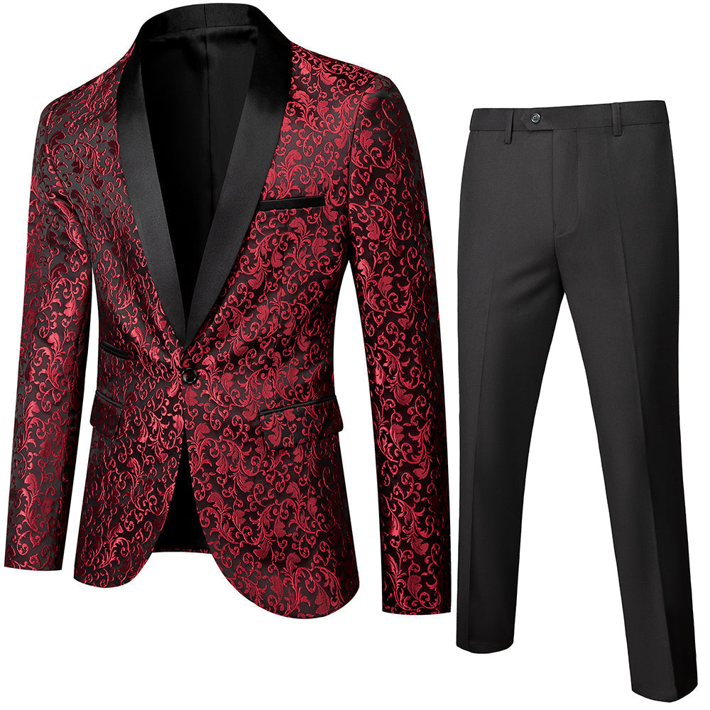 Costumes de Soirée de Bal 2 Pièces Imprimés Bleu Blanc Noir Bordeaux pour Hommes, Coupe Ajustée, Simple Boutonnage, Un Bouton