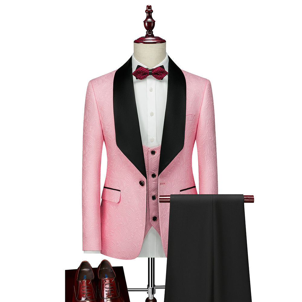 Costumes de Mariage 3 Pièces à Motifs pour Hommes, Coupe Ajustée, Simple Boutonnage, Un Bouton, Rose Champagne, Rouge, Blanc, Noir