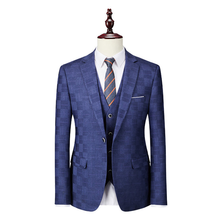 Costumes de Mariage à Carreaux 3 Pièces Bleu Bordeaux Noir pour Hommes, Coupe Ajustée, Simple Boutonnage, Un Bouton