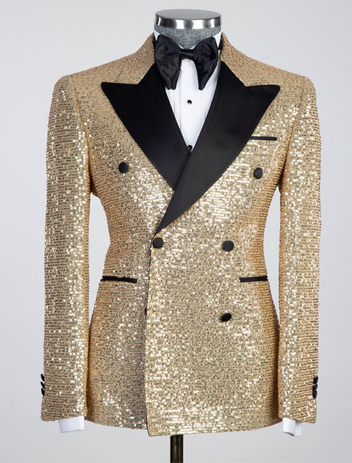 Veste de Soirée à Paillettes à Six Boutons pour Homme, Coupe Ajustée, Croisée, Couleur Or, Rose, Orange, Argent, Noir