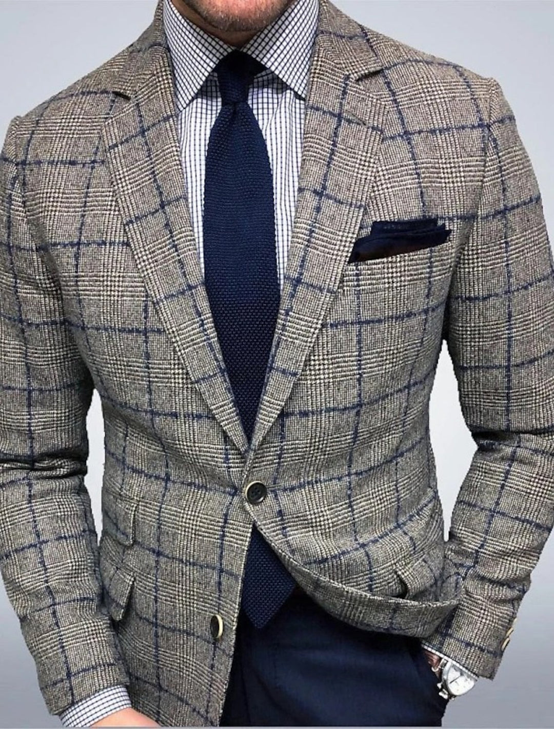 Veste Décontractée à Carreaux Grise à Deux Boutons et Coupe Ajustée pour Homme