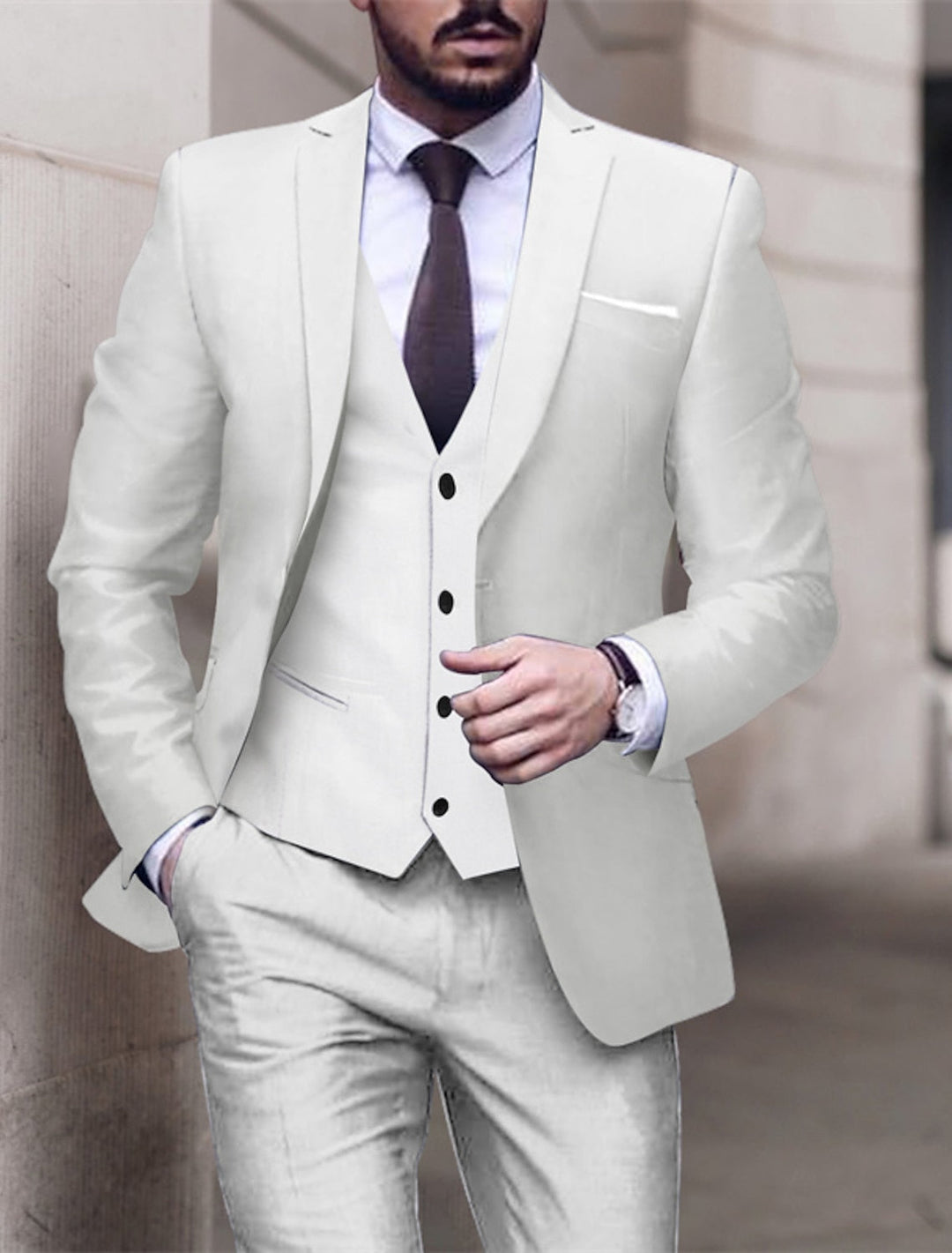 Costumes de Mariage 3 Pièces pour Hommes, Coupe Ajustée, Simple Boutonnage, Couleur Unie
