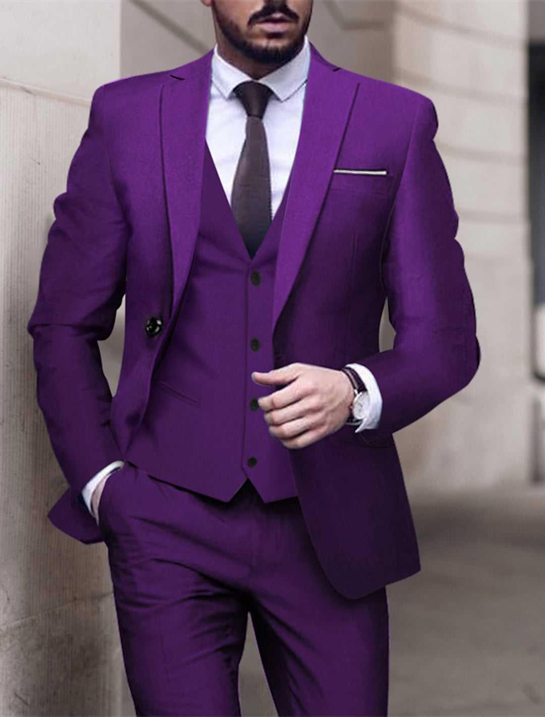 Costumes de Mariage 3 Pièces pour Hommes, Coupe Ajustée, Simple Boutonnage, Couleur Unie