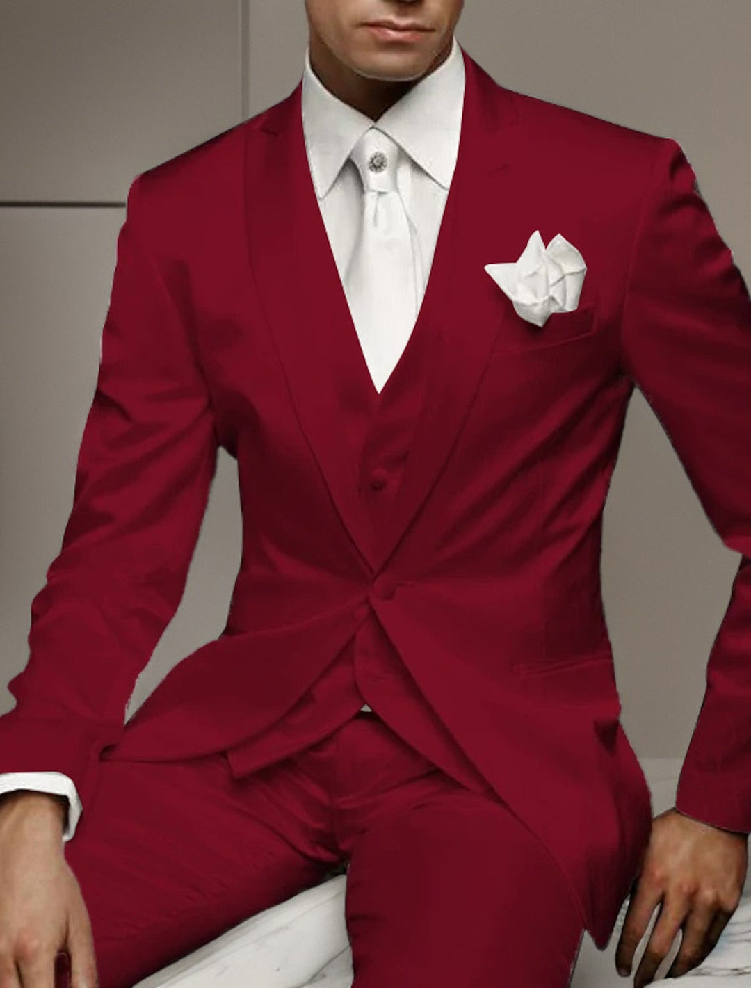 Costumes de Fête 3 Pièces pour Hommes Rouges à Coupe Ajustée, Couleur Unie, à Simple Boutonnage et à Un Bouton