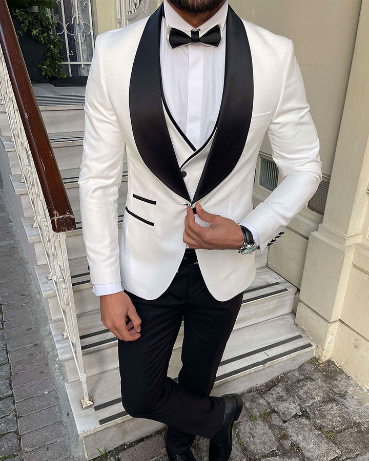 Costumes de Fête 3 Pièces pour Hommes, Coupe Ajustée, Couleur Unie, Simple Boutonnage, Un Bouton, Couleur Champagne Blanc Gris
