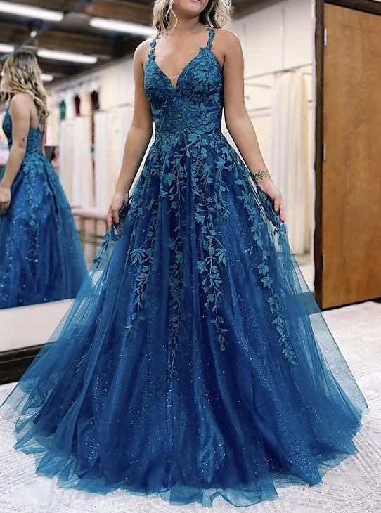 Robe de Bal Longue à Bretelles Spaghetti de Forme Trapèze/Princesse