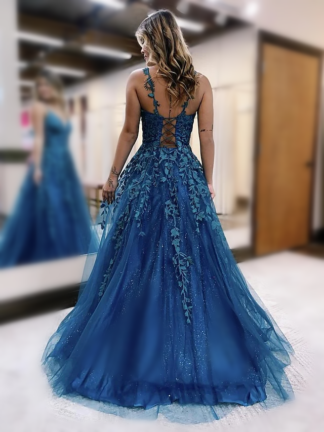 Robe de Bal Longue à Bretelles Spaghetti de Forme Trapèze/Princesse