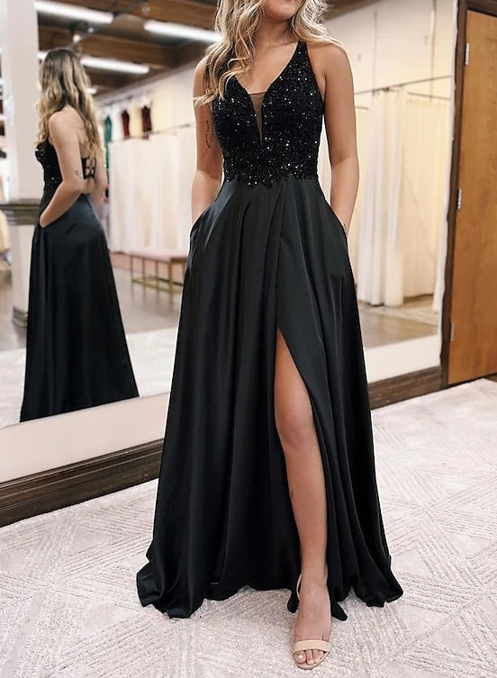 Robe de Bal Longue Au Sol à Col en V et Coupe A-Line/Princess