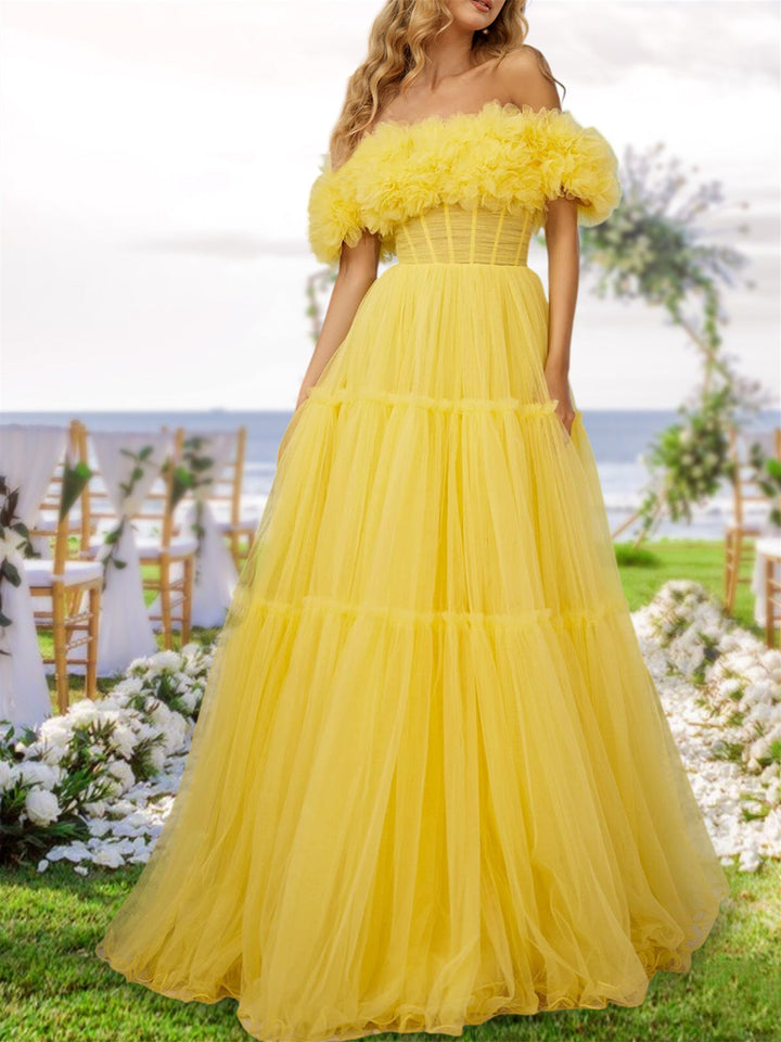 Robe de Soirée Longue en Tulle à Épaules Dénudées, Coupe A-Line/Princess, avec Volants
